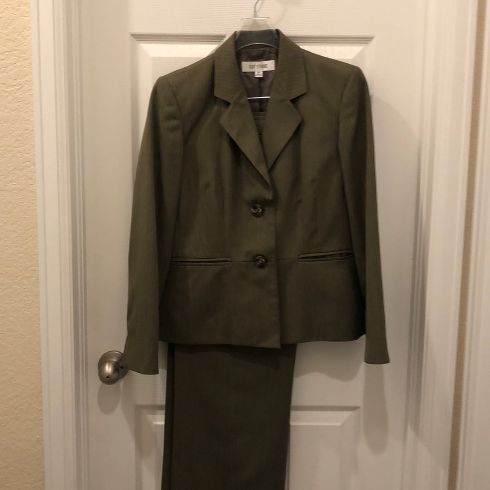 Olive pinstripe pants suit